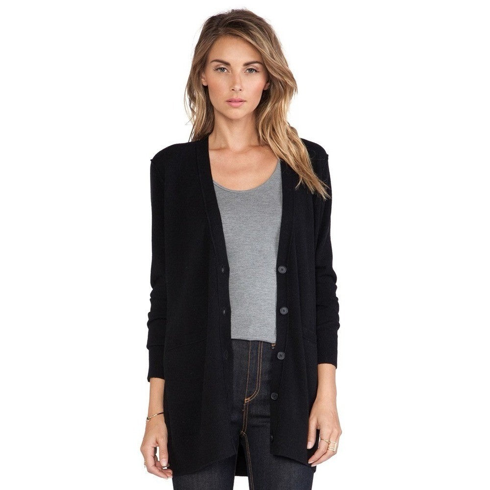 Revolve VINCE Cashmere Longline Button V Cardigan Sweater Solid Black Pockets XS