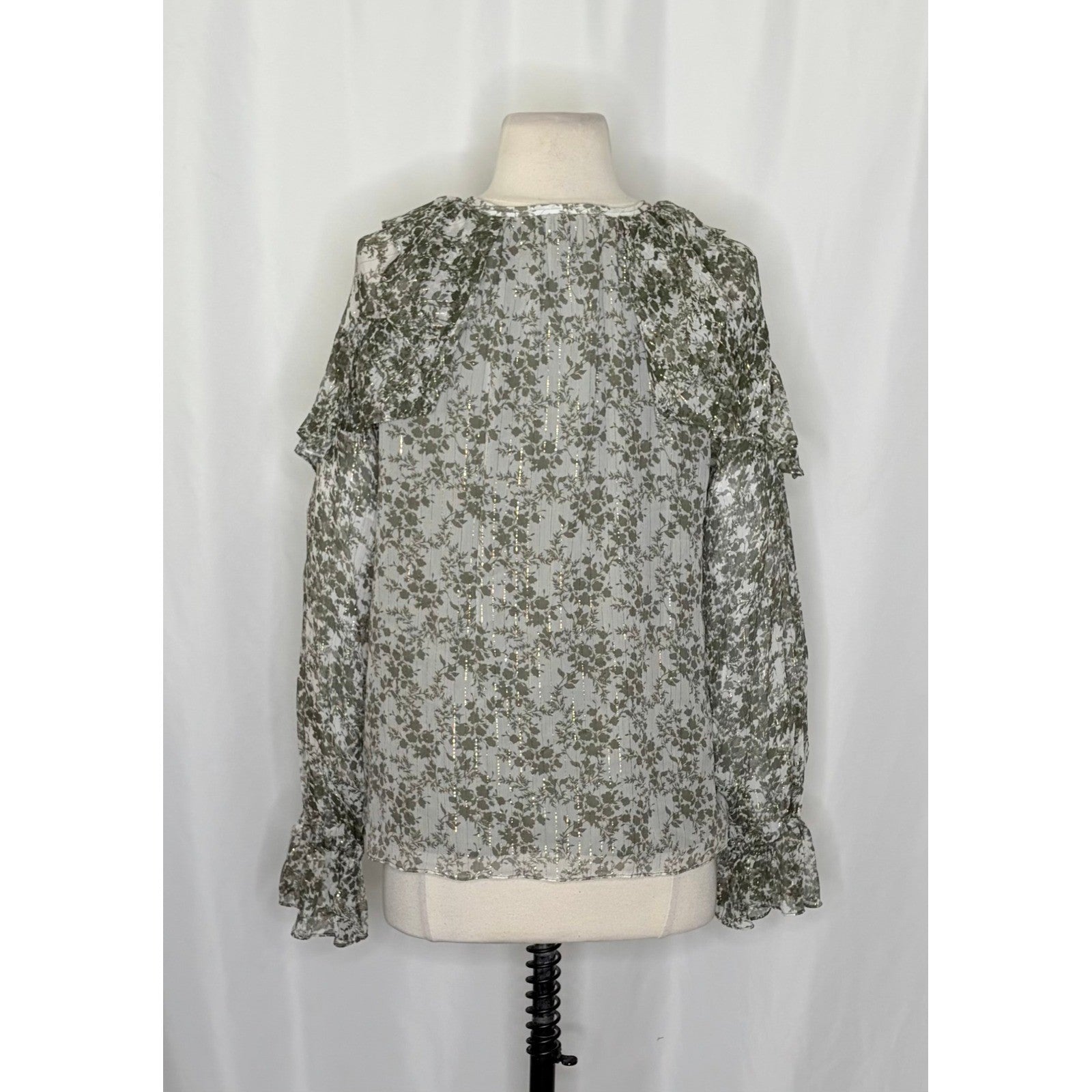 RAMY BROOK Silk Printed Celeste Blouse Chiffon Sagco Green Floral Metallic Small