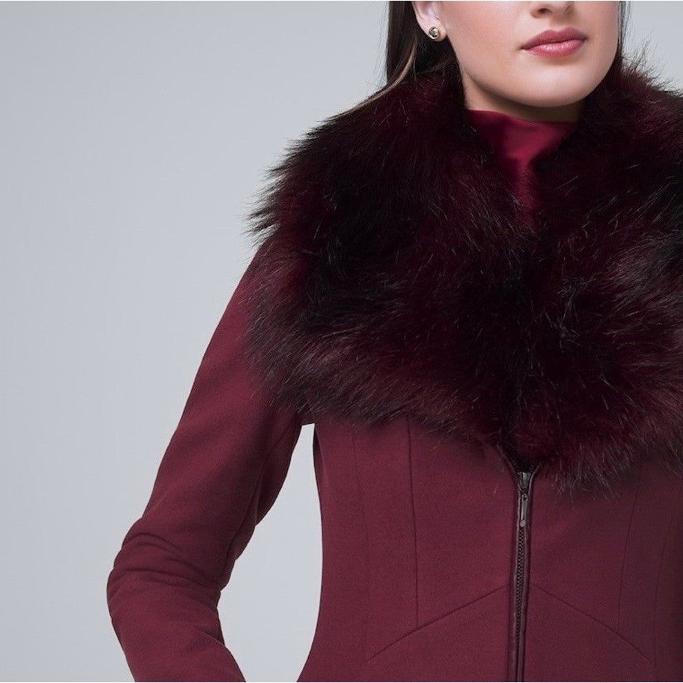 WHBM Burgundy Long Coat Removable Faux Fur Collar White House Black Market XS