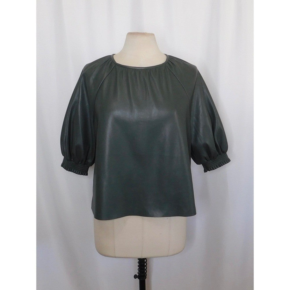 SAYLOR Juana Top Faux Leather Sage Gray Puff Sleeves Solid Streetwear Large