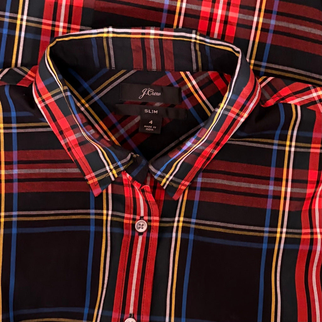 J. CREW Slim Stretch Perfect Shirt Top Black Stewart Tartan Plaid Buttons Size 4