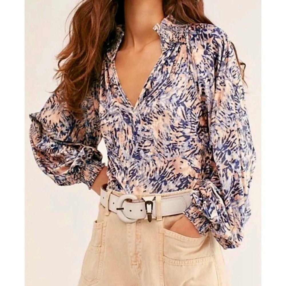 FREE PEOPLE Smocked Crushed Velvet Top Blouse Go Get 'Em Tiger Animal Small