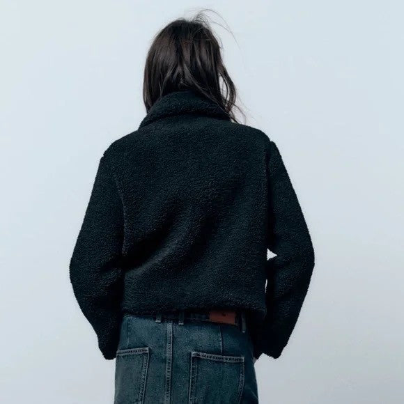 ZARA Black Sherpa Fuzzy Fleece Teddy Coat Faux Shearling Snaps Pockets Small