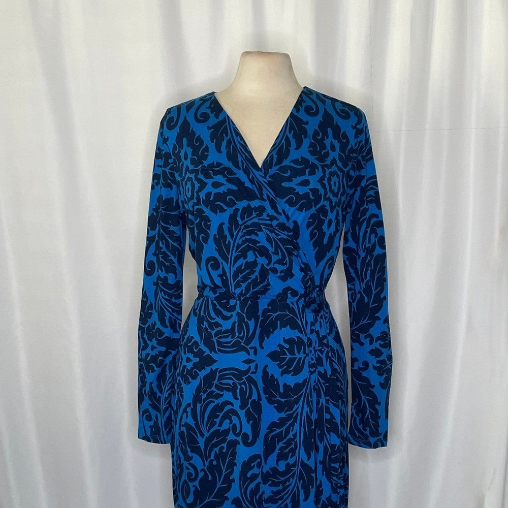BODEN Henrietta Faux Wrap Day Dress Navy Royal Blue Scroll Print Size 12