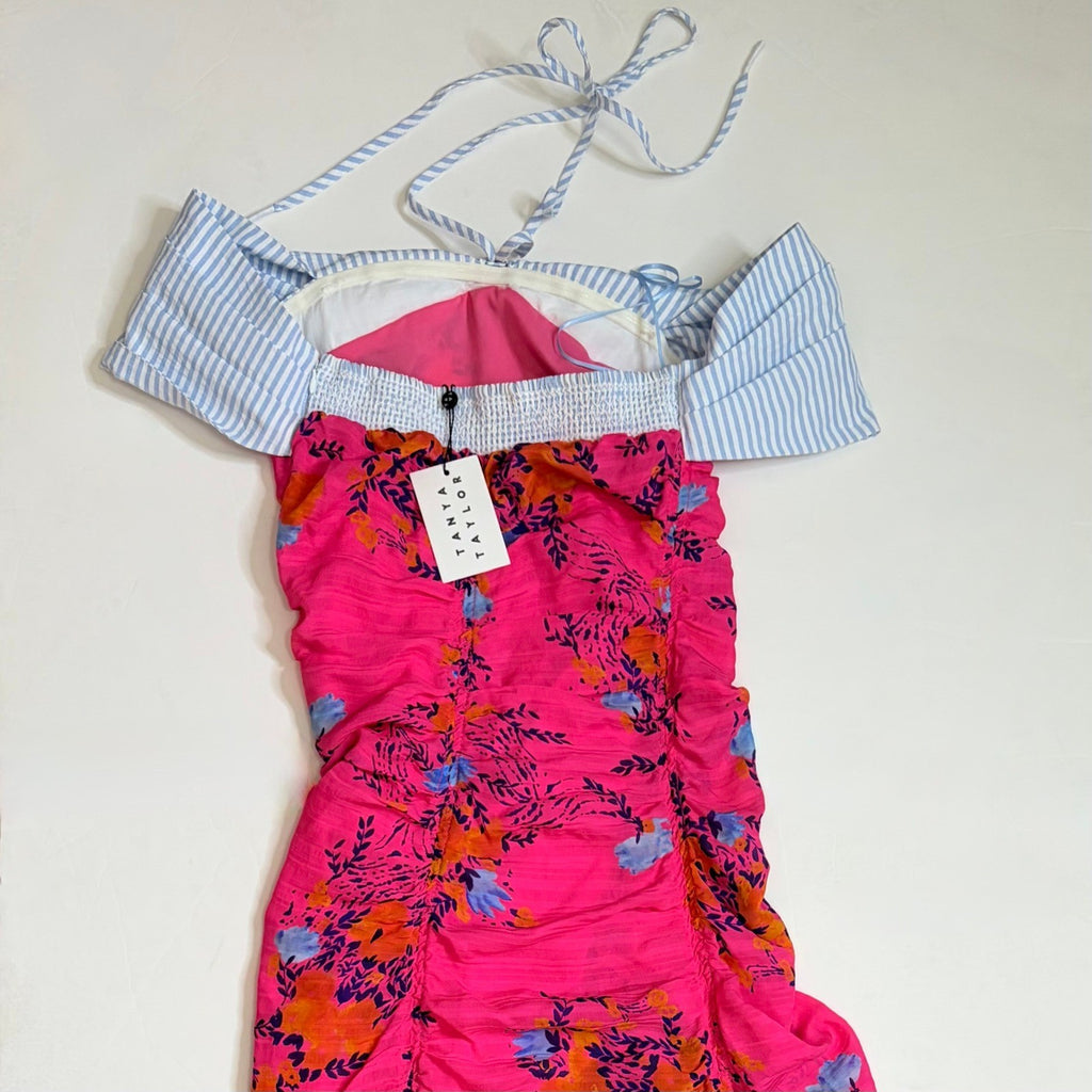 NWT!! TANYA TAYLOR Silk Virginia Dress Falling Floral Pink Striped Halter Size 0