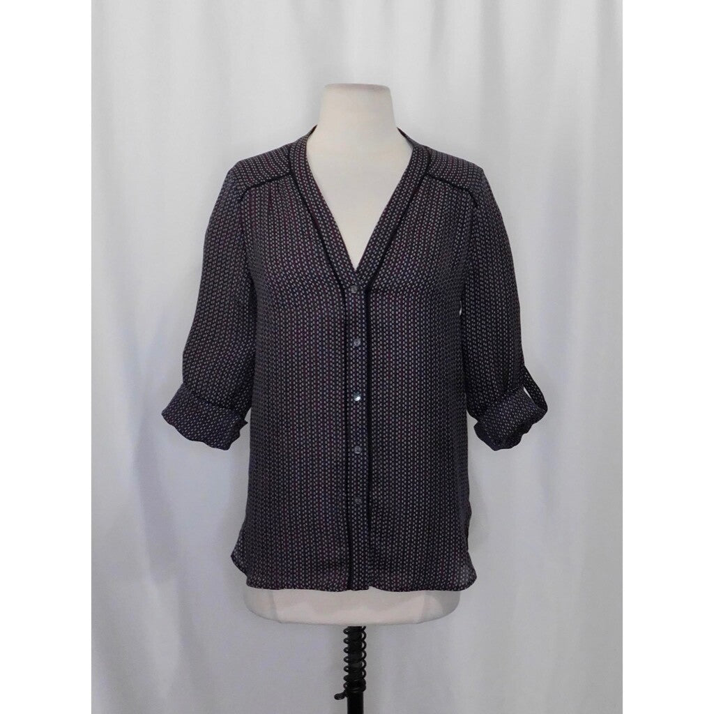 VINCE Mini-Geo Print Silk Blouse Top Mini Geo Geometric Print V Neck X-Small