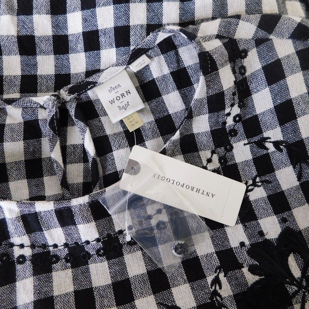 NWT!! Anthropologie SEEN WORN KEPT Black & White Gingham Top Embroidered Size 4