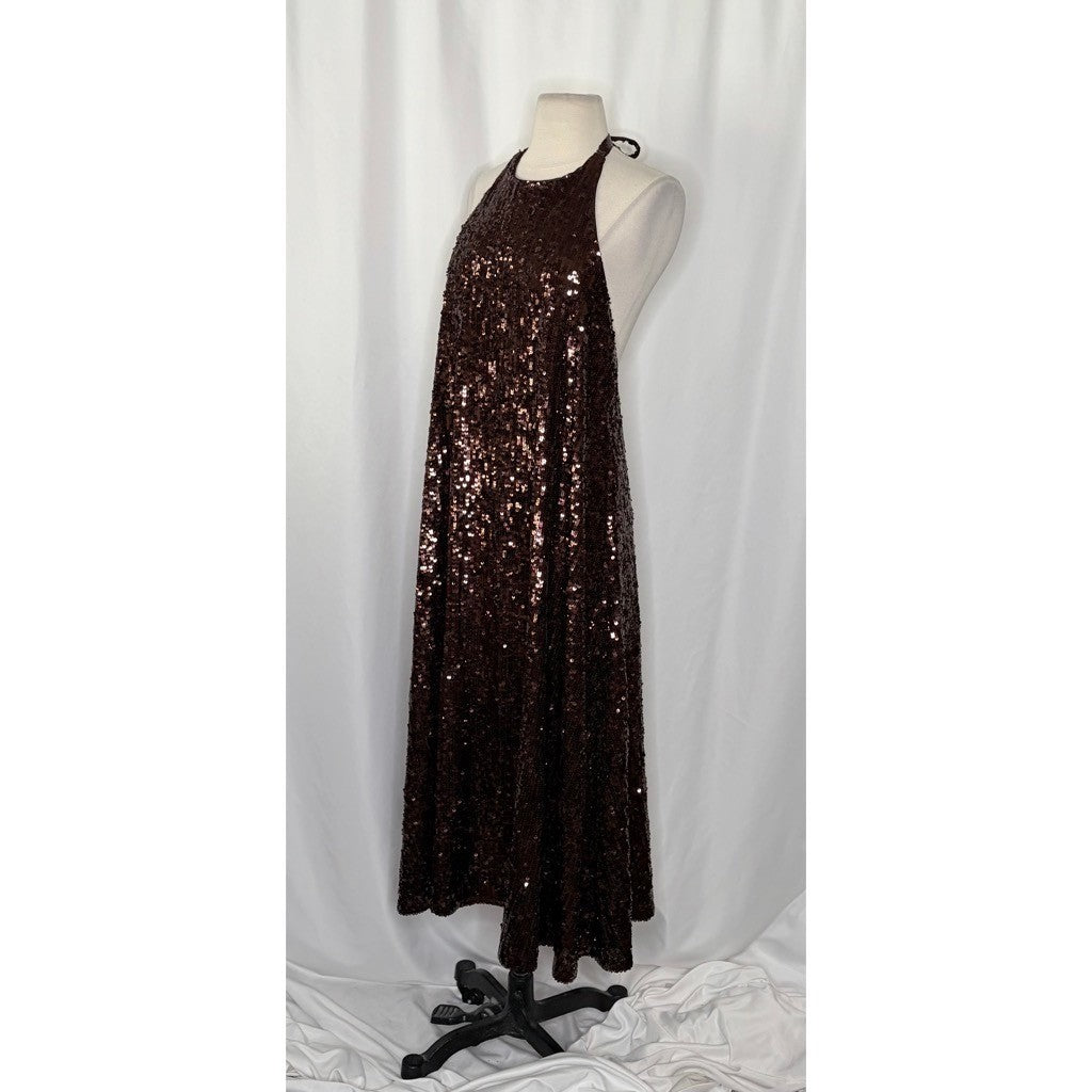 ZARA Chocolate Brown Sequin Halter Maxi Dress Festive Party Sequinned Small