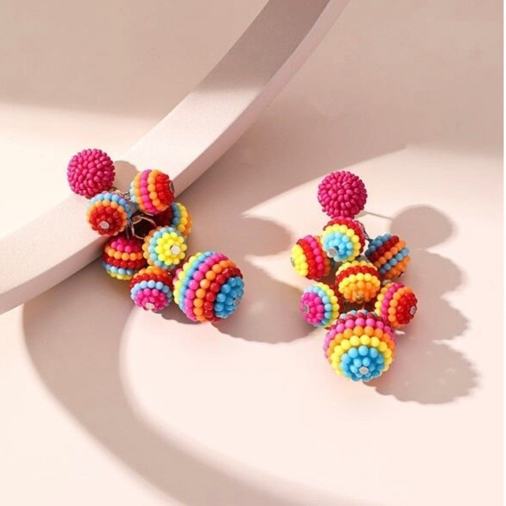 Colorful Beaded Ball Drop Earrings Multicolor Rainbow Festival Boho Resortwear