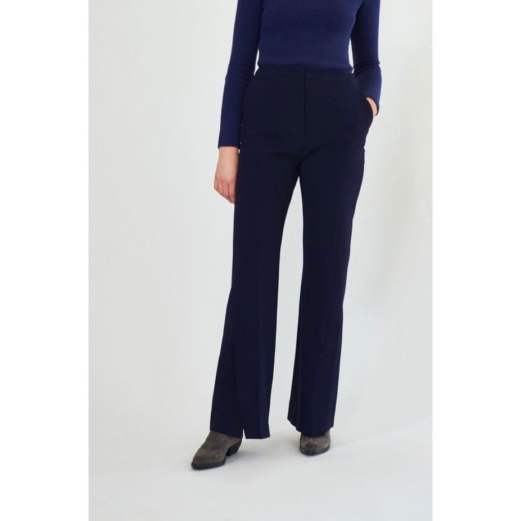 NANUSHKA Tulip Cady Flared Trousers Navy Blue Solid Slit Legs Office Small