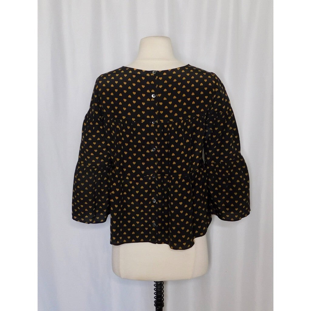 MADEWELL Silk Black Gold Heart Flip Button Back Tiered Top Blouse X-Small