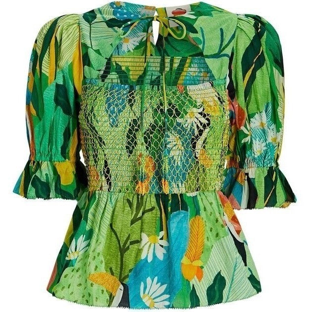 NEW!! FARM RIO Vintage Toucans Smocked Peplum Top Blouse Tropical Small