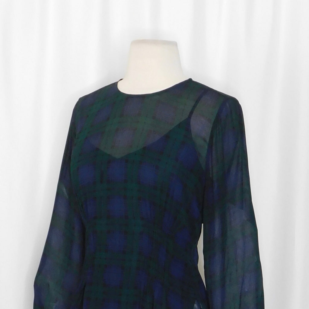 NEW!! J. CREW Chiffon Shirred-Waist Top Black Watch Tartan Plaid Copper Green 2