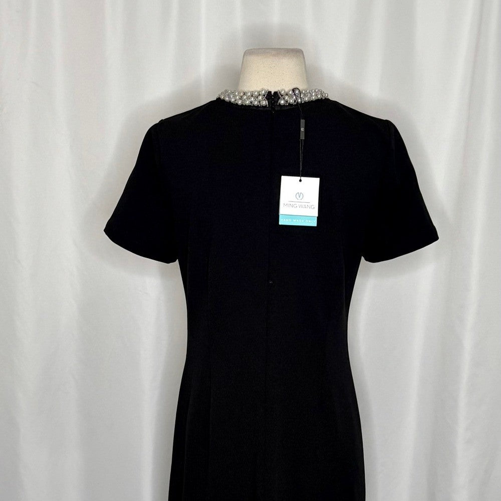 NWT!! MING WANG Heritage Fit Embellished Crepe Sheath Dress Black Pearls X-Small