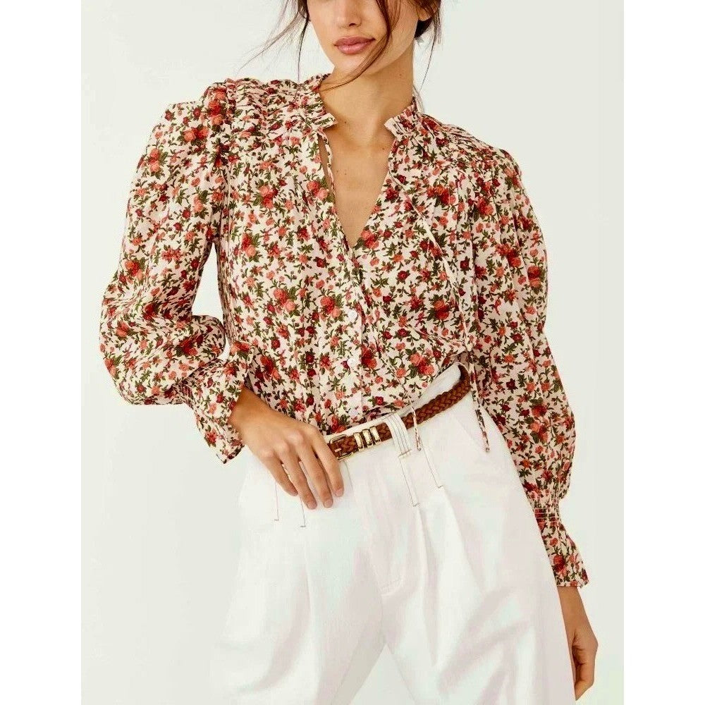 FREE PEOPLE Meant To Be Blouse Floral Vintage Combo Ruffled Smocked Small