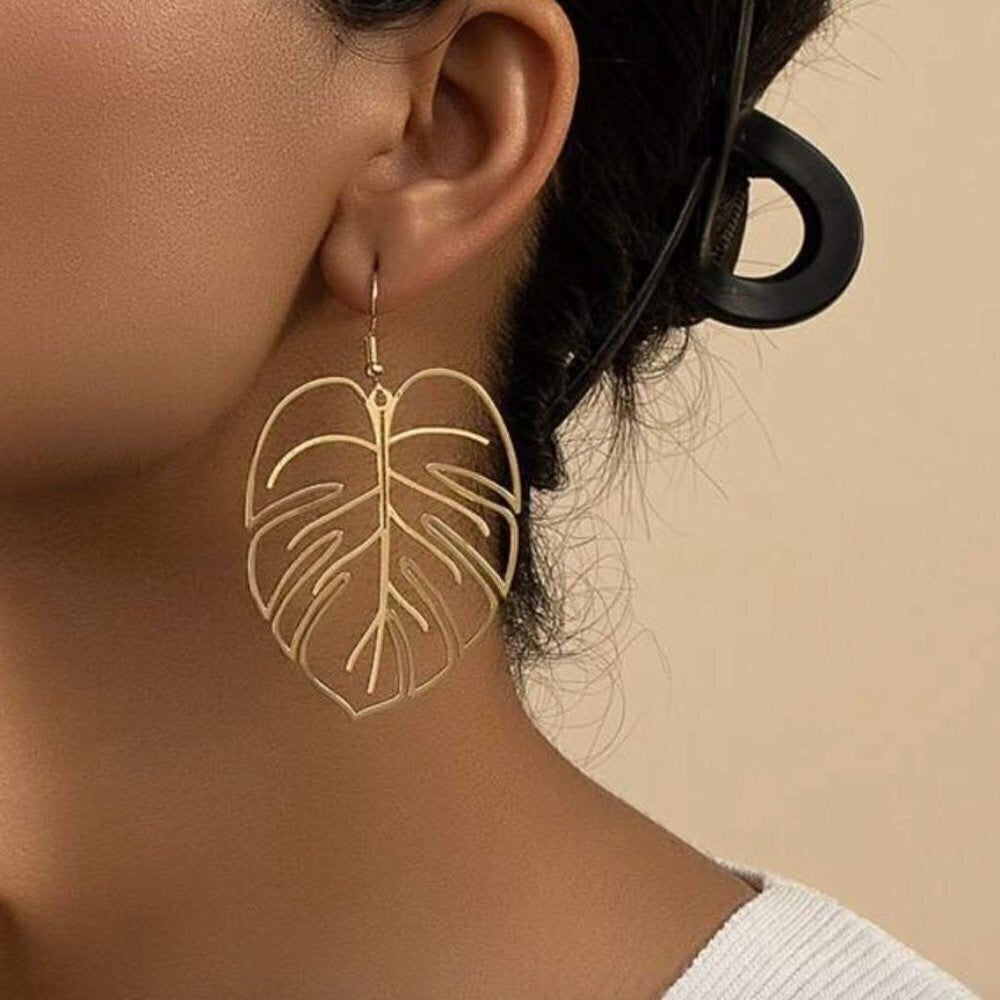 Tropical Monstera Leaf Gold Dangle Drop Earrings Outlined Vacation Resort Island