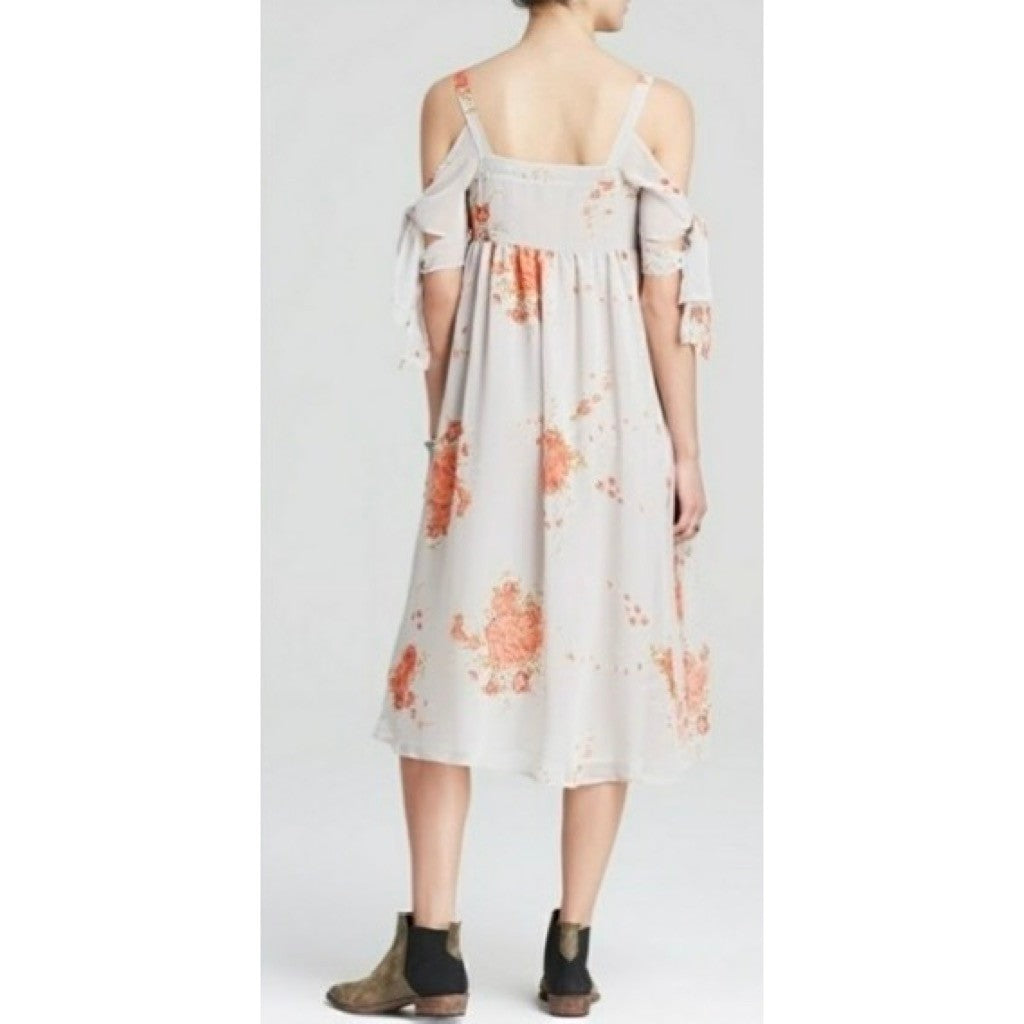 FREE PEOPLE Tied To You Floral Midi Dress Sand Combo Chiffon Bohemian Small