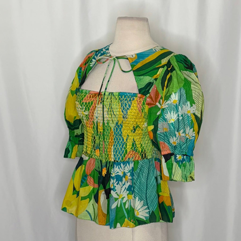 NEW!! FARM RIO Vintage Toucans Smocked Peplum Top Blouse Tropical Small