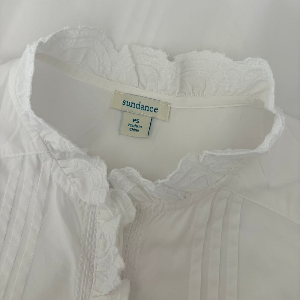SUNDANCE White Pleated Embroidered Ruffled Buttondown Top Blouse Petite Small