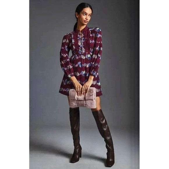 BY ANTHROPOLOGIE Mini Tunic Long Sleeve Dress Floral Lace Trims Purple X-Small
