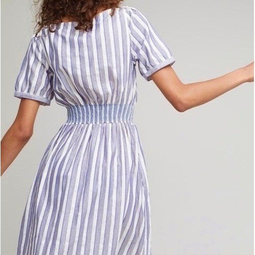 Anthropologie SEEN WORN KEPT Jenna Lurex Stripe Dress Blue White Midi Size 12
