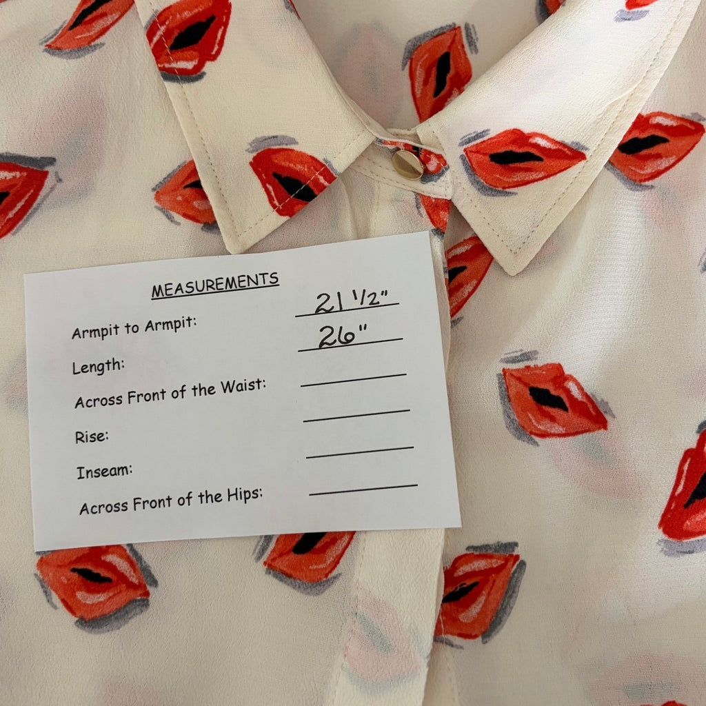 ZARA ZW Collection White Pink Lips Print Buttondown Top Blouse Lipstick X-Large