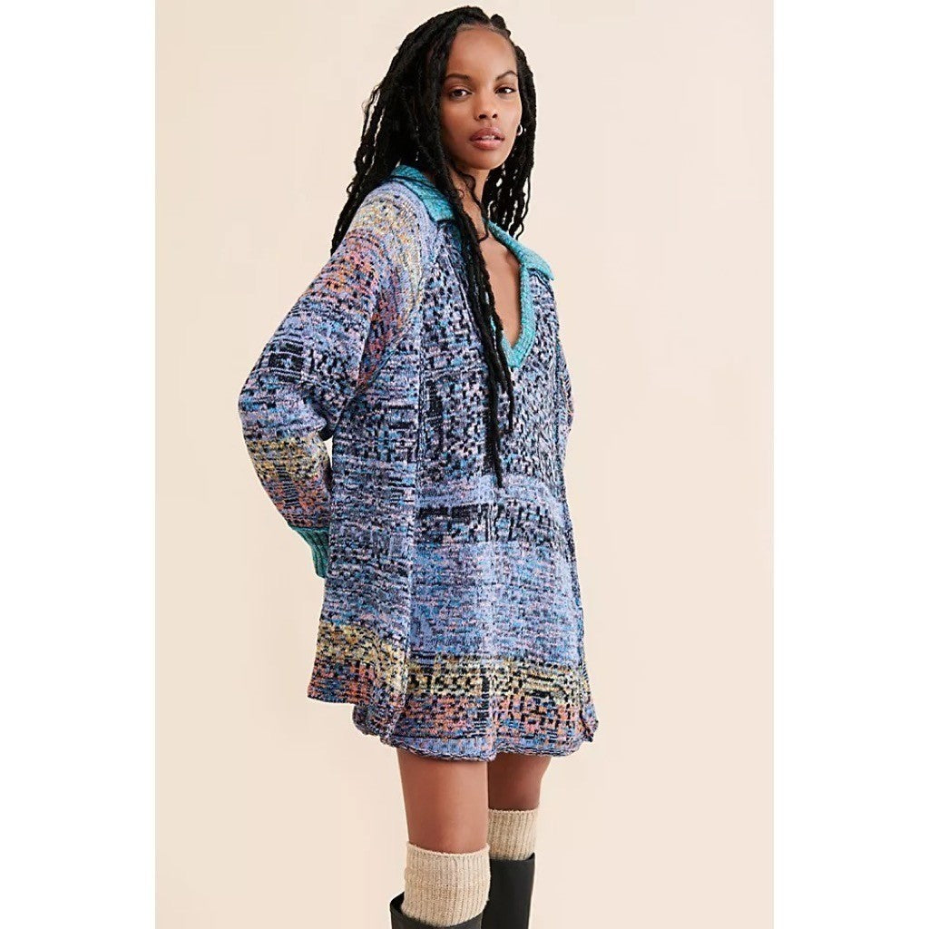 FREE PEOPLE Seasons Of Sun Mini Collared Pullover Knit Sweater Dress Small