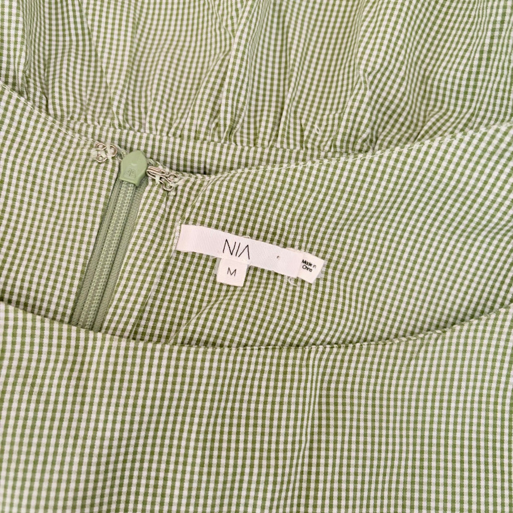 NIA Silvana Green White Gingham Babydoll Dress Tiered Mini Summer Puff Medium