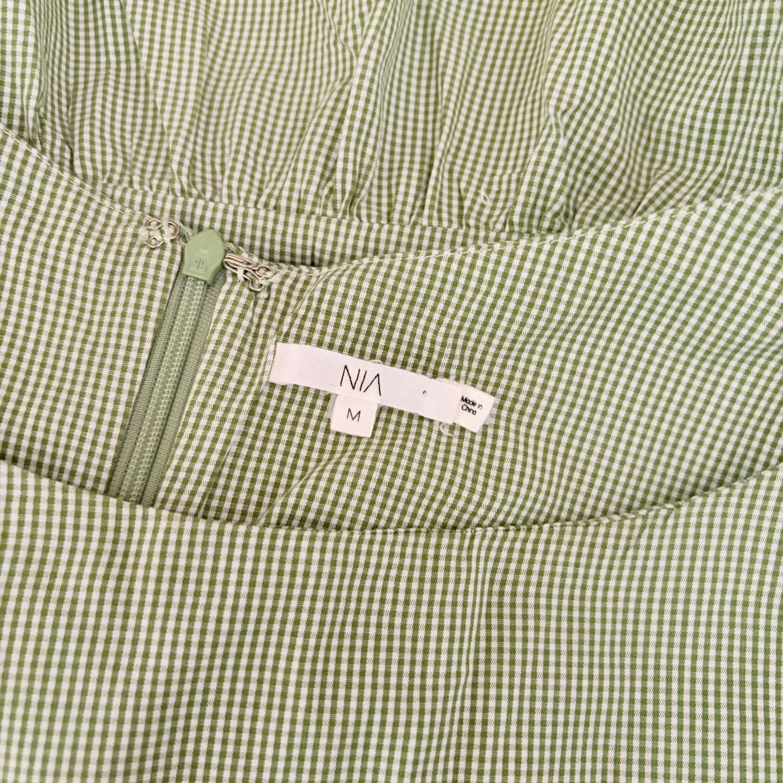 NIA Silvana Green White Gingham Babydoll Dress Tiered Mini Summer Puff Medium