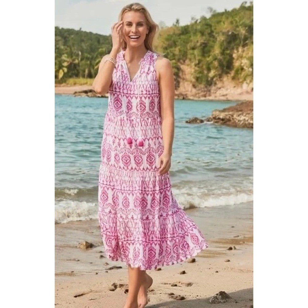 TOMMY BAHAMA Ikat Tropics Passion Pink White Midi Dress Cotton Voile Small