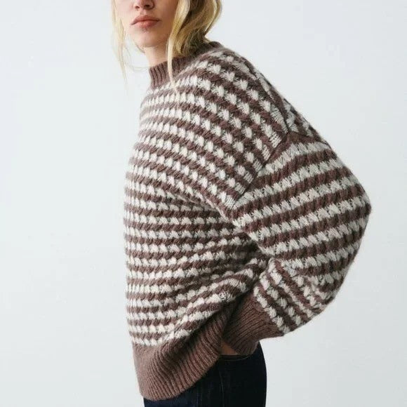 ZARA Wool Chunky Knit Oversized Sweater Brown Grey Stripes Pullover Knit Small
