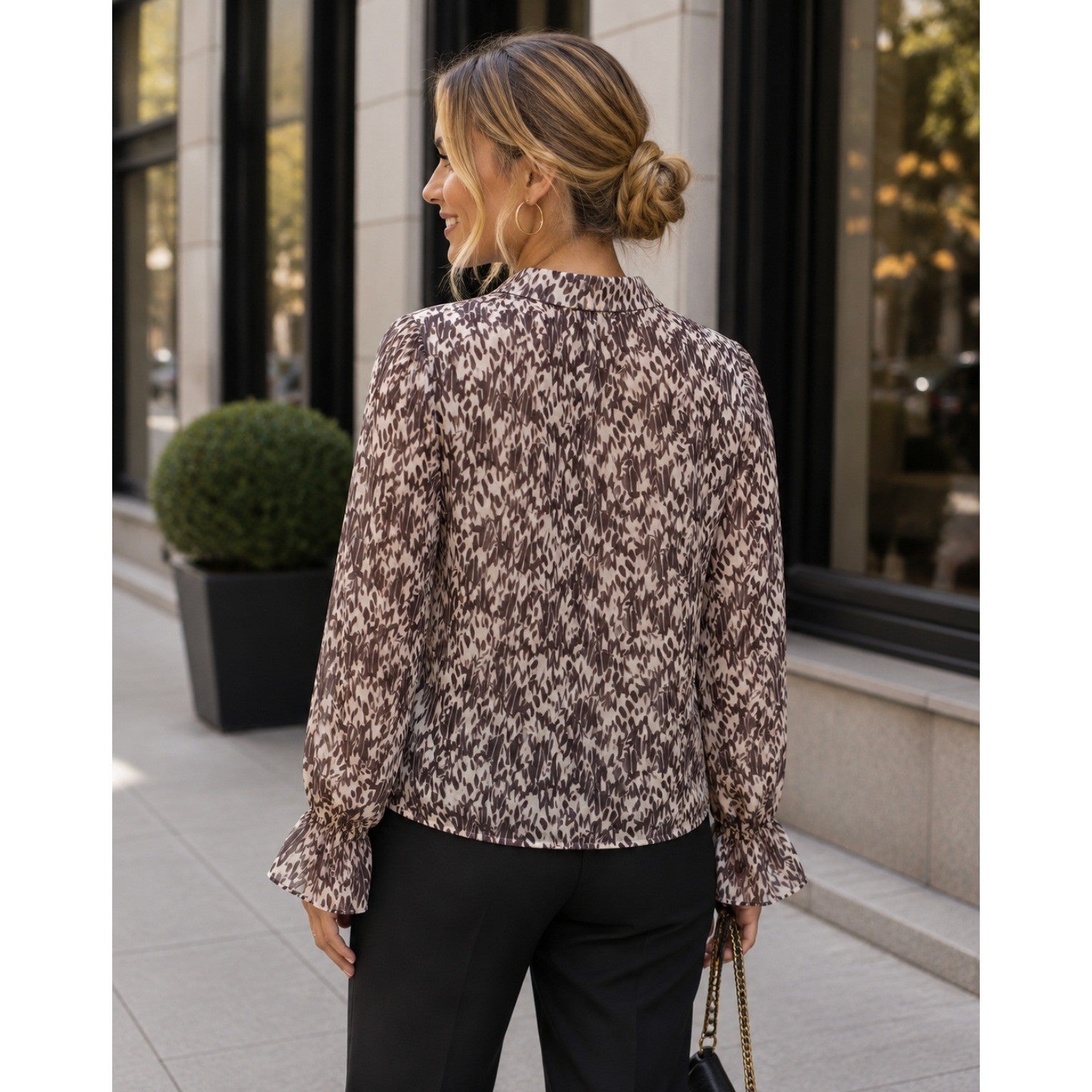 TED BAKER Bertei V Neck Ruffle Blouse Top Brown Abstract Chic Size 6 / US 14