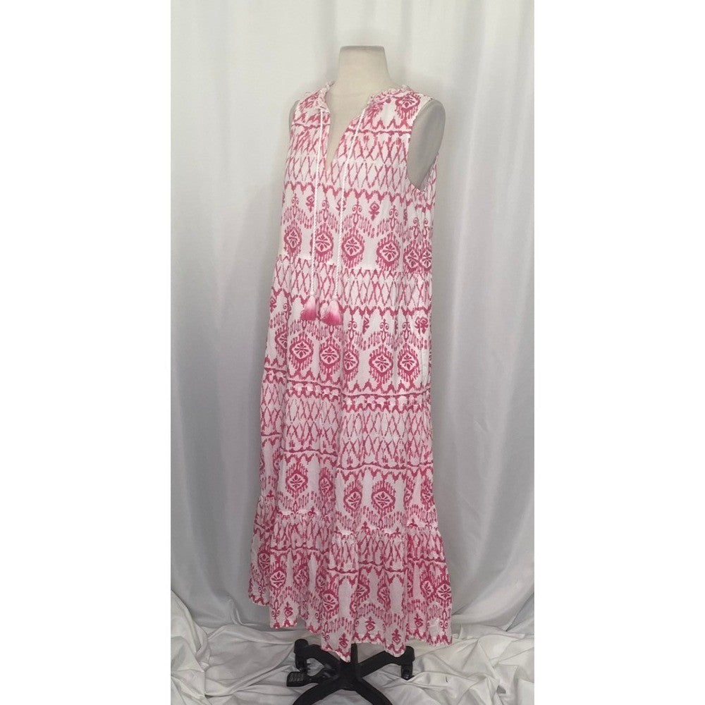 TOMMY BAHAMA Ikat Tropics Passion Pink White Midi Dress Cotton Voile Small