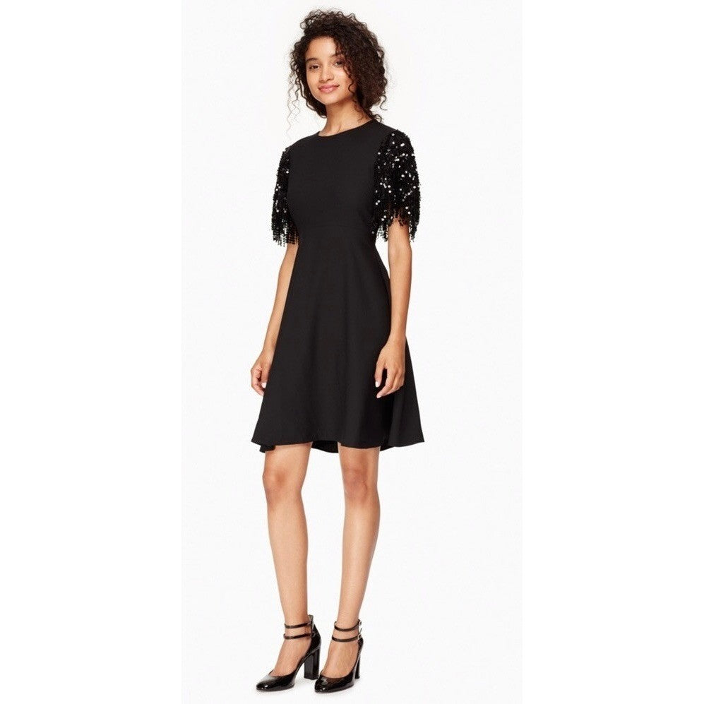 KATE SPADE Sequin Fringe Swing Dress Solid Black Party Glam Embellished Size 2