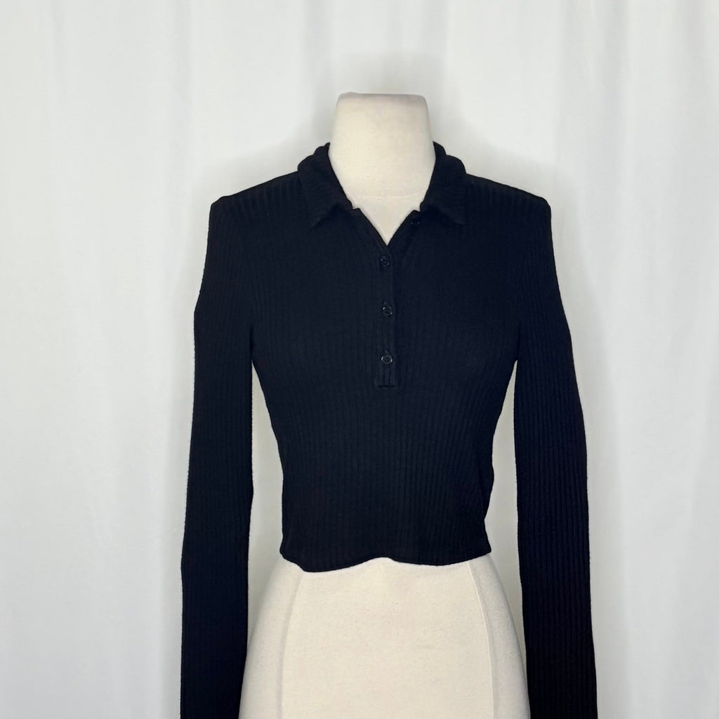 REFORMATION Rainey Crop Henley Ribbed Solid Black Cropped Collared X-Small