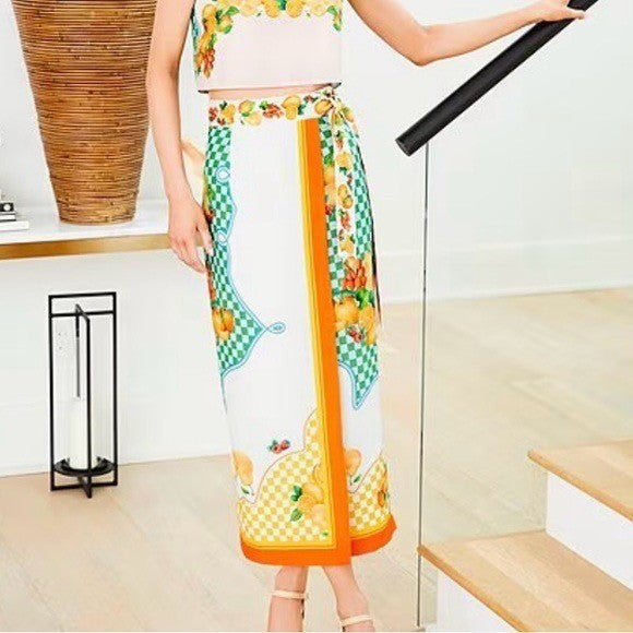 NWT!! ANTONIO MELANI Clio Wrap Skirt Linen Citrus Bliss Midi Fruit Checkered 0