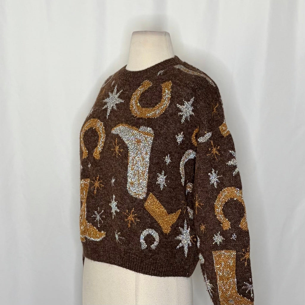 ZARA Western Cosmic Cowboy Boots Stars Jacquard Sweater Metallic Crewneck Small