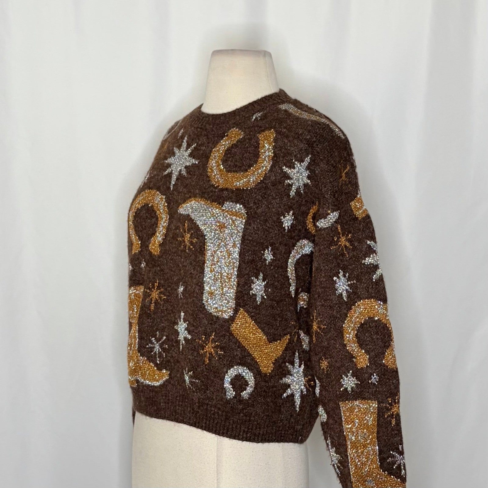 ZARA Western Cosmic Cowboy Boots Stars Jacquard Sweater Metallic Crewneck Small