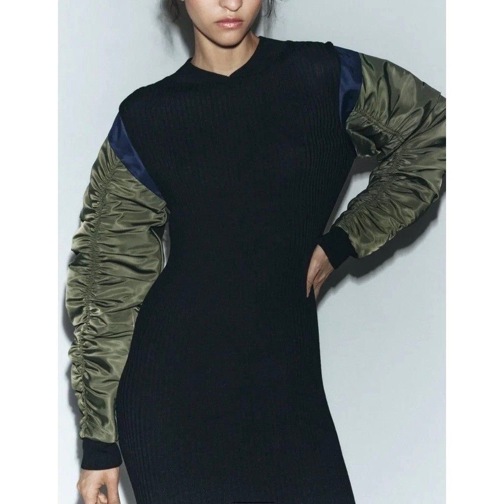 NWT!! ZARA Contrast Nylon Midi Dress Ribbed Knit Olive Green Black Blue Large