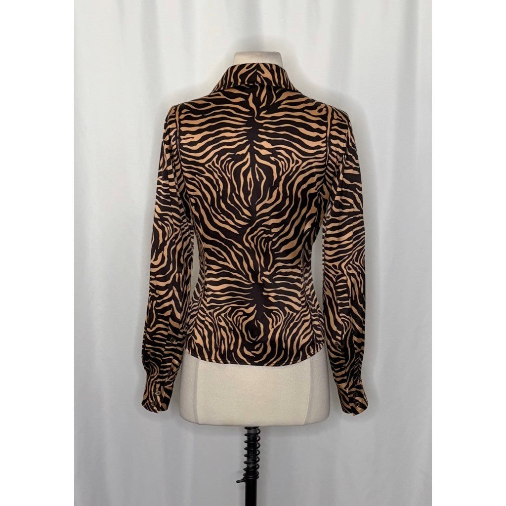 ETCETERA Stretch Silk Buttondown Shirt Blouse Animal Print Brown Tan Size 2