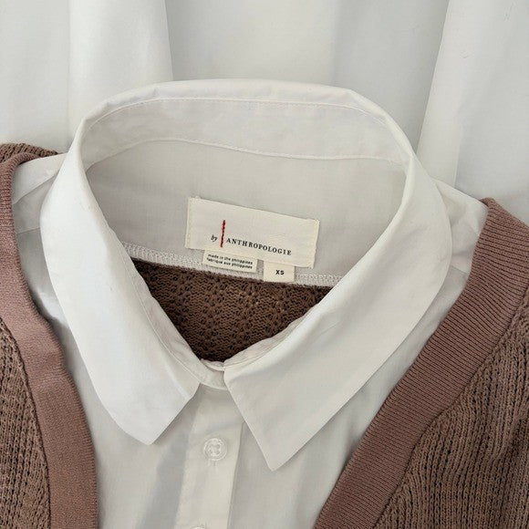 By ANTHROPOLOGIE Twofer Sweater Vest Shirt Blouse Layered Brown White X-Small