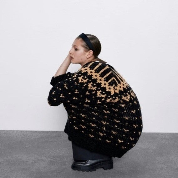ZARA Limited Edition Beaded Jacquard Sweater Black Brown Oversized Chunky Small