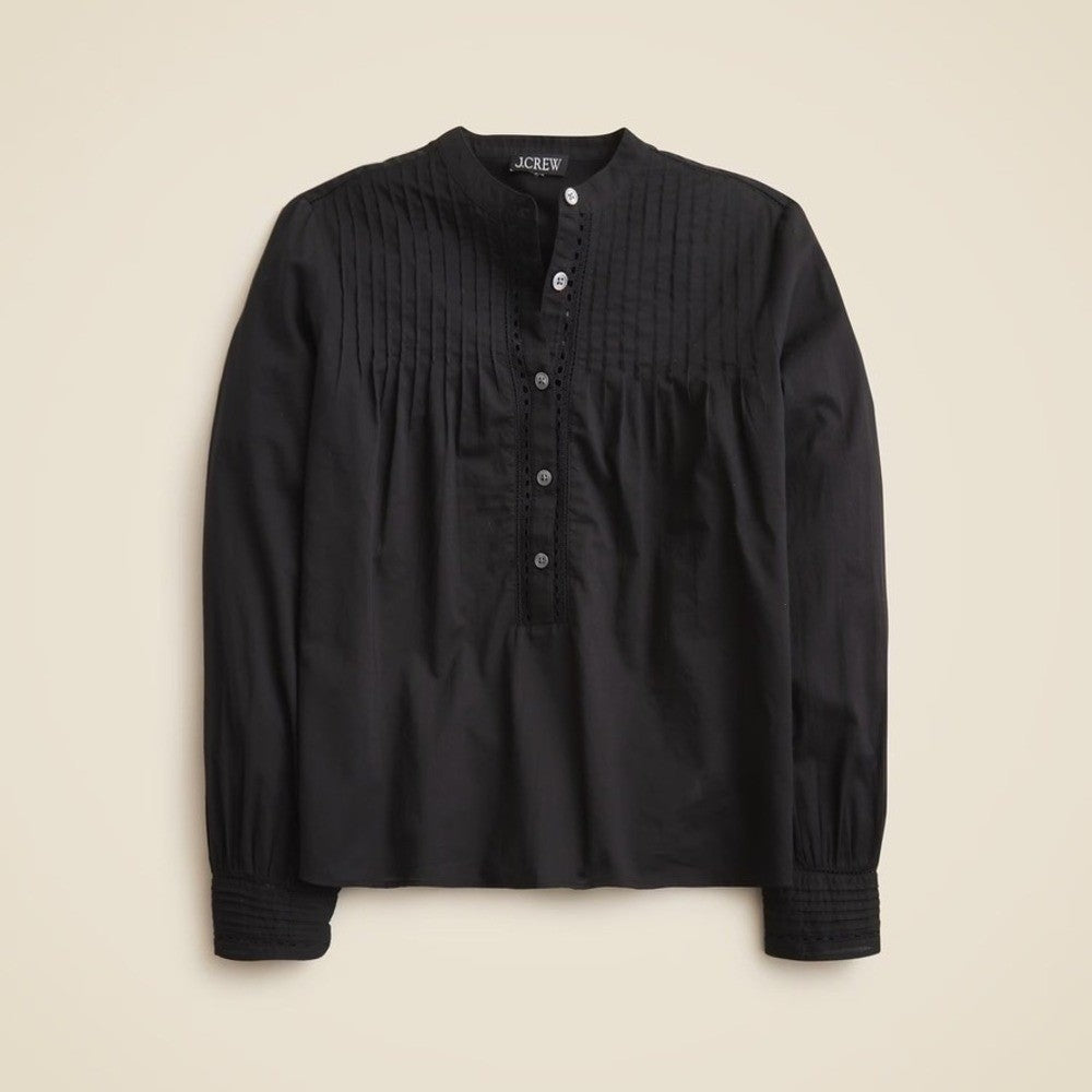 NEW!! J. CREW Pintuck Lace Trim Top Blouse Cotton Voile Solid Black Preppy Small