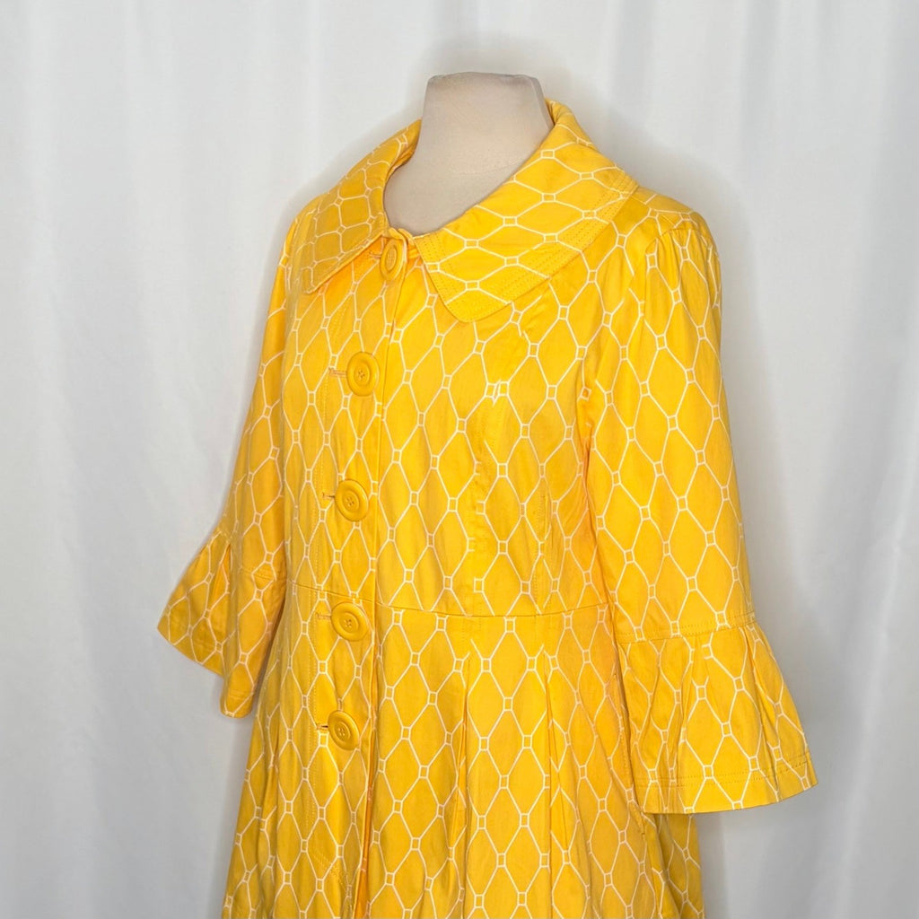EDEN COURT Yellow White Geometric Print Coat Jacket Bell Sleeves Pockets Large