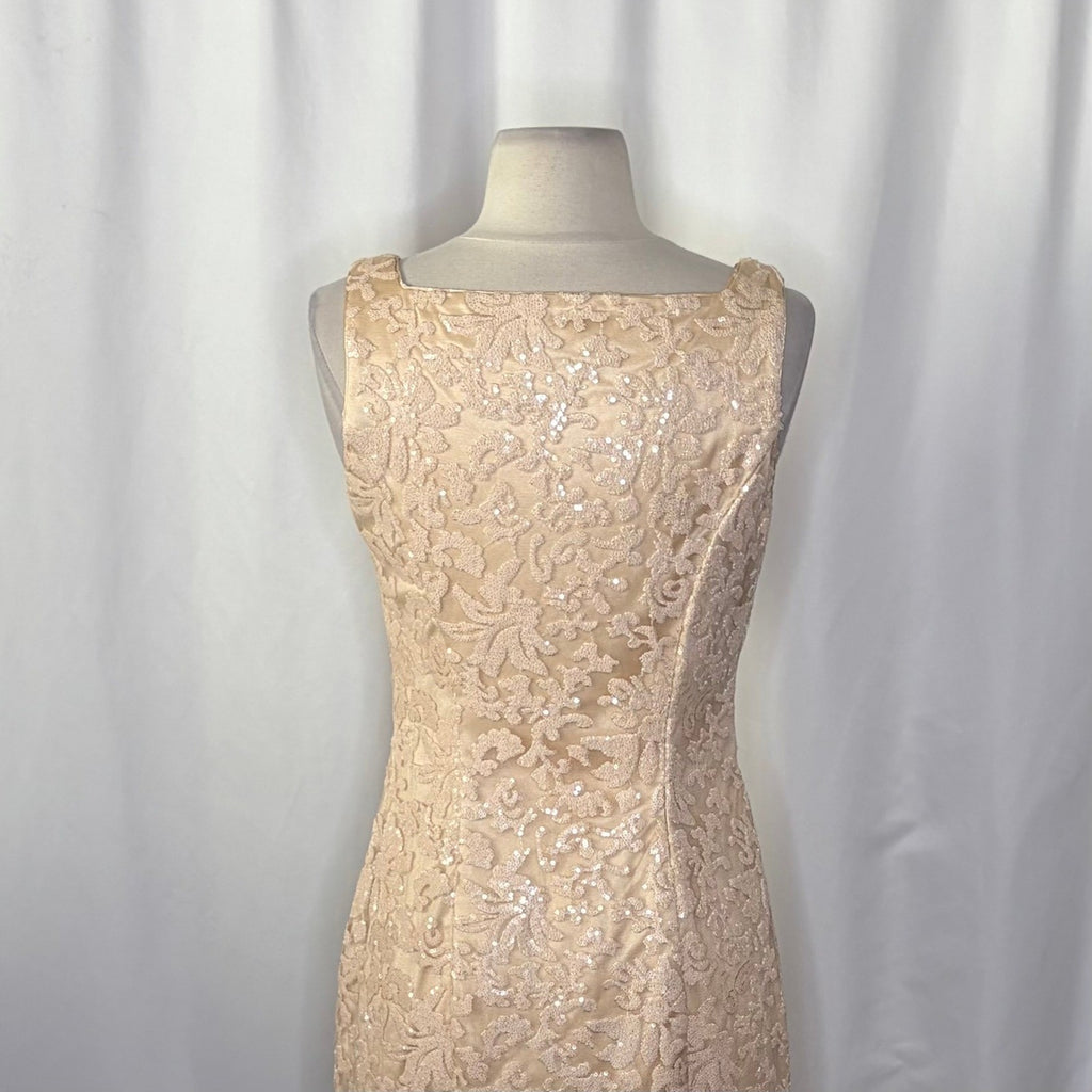 SUE WONG Nocturne Champagne Sequin Sleeveless Party Cocktail Sheath Dress Size 4