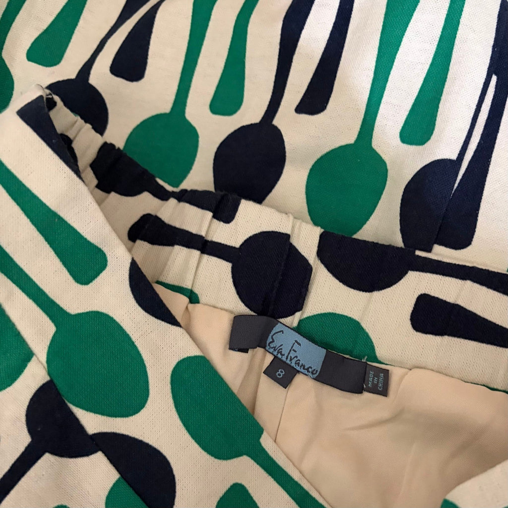 Anthropologie EVA FRANCO Spoons Print Midi Skirt Navy Blue Kelly Green Spoon 8