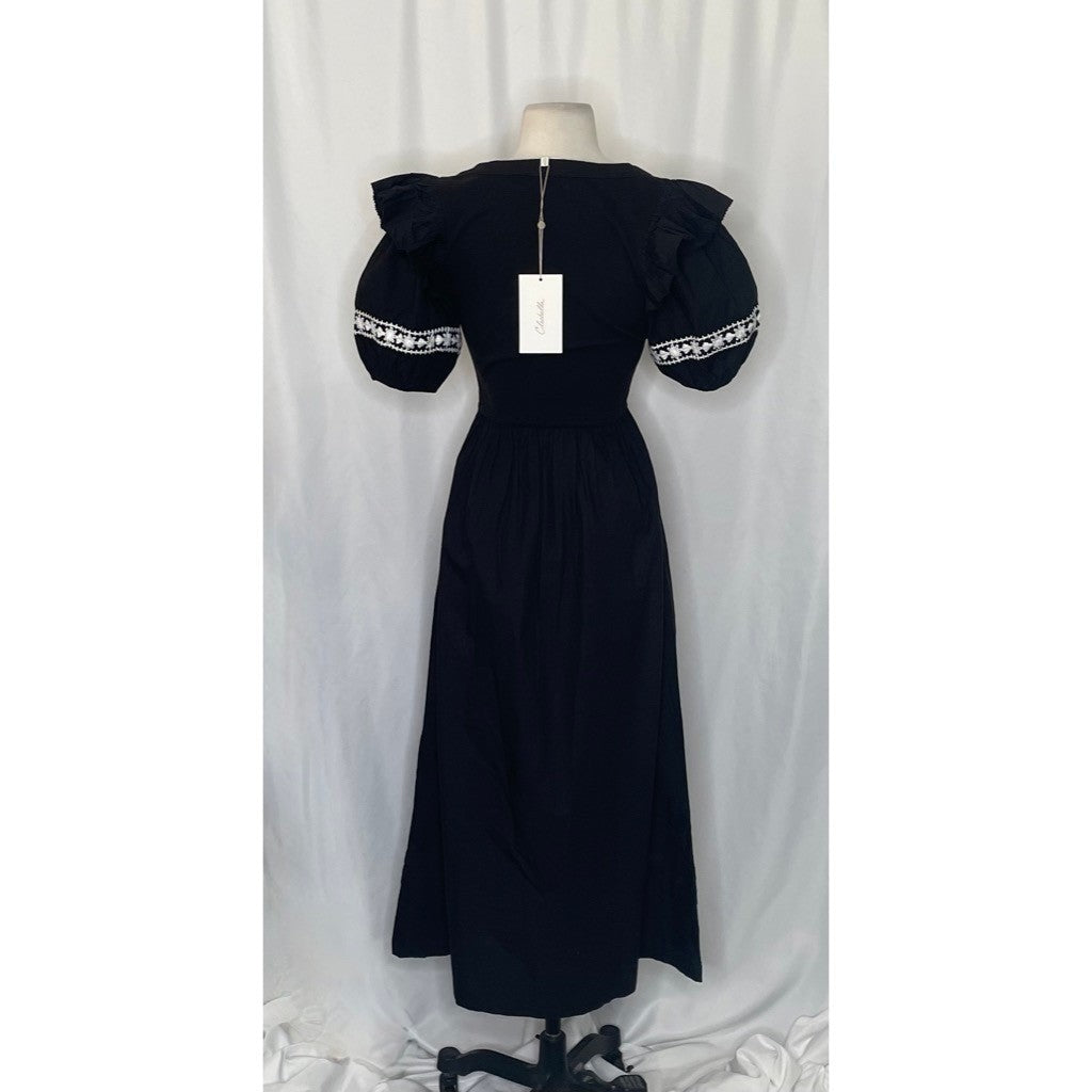 NWT!! CLEOBELLA Selma Midi Dress Embroidered Black Ruffle Puff Sleeves X-Small