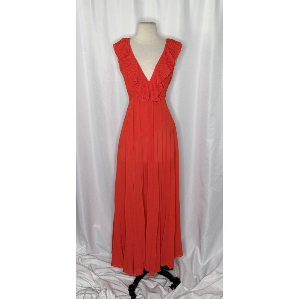 ZARA Pleated Ruffled Red Maxi Dress Plunge V Neckline Valentine 2731/060 Medium