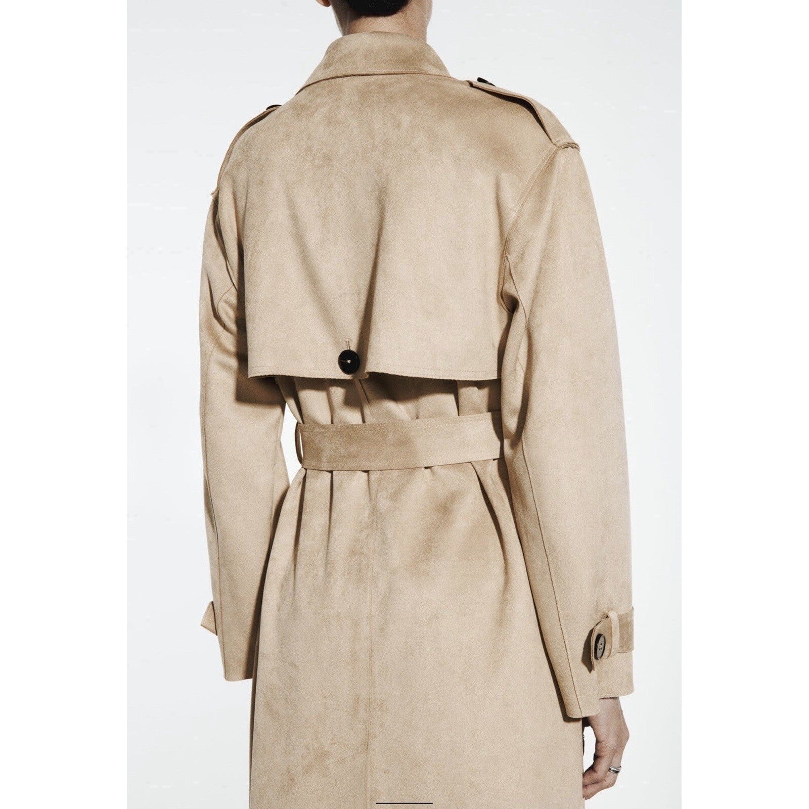 ZARA Faux Suede Trench Coat Belted Jacket Solid Tan Brown Pockets Outdoors Large