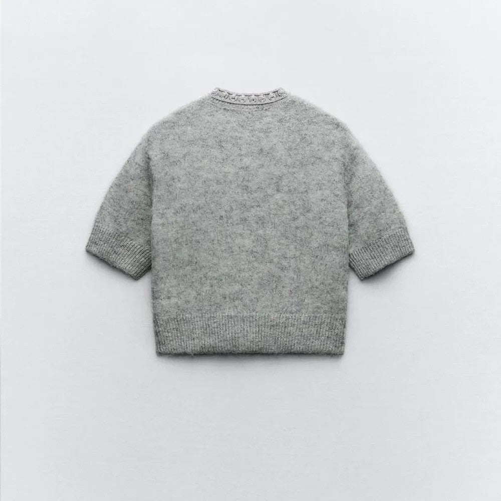 ZARA Jewel Embellished Gray Cropped Cardigan Sweater Knitwear Jewelled Large